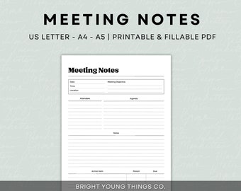 Meeting Notes Printable Template, Meeting Minutes, Office Meeting Notes, Work Notes, Project Notes, Notes Template, Printable Notes Template