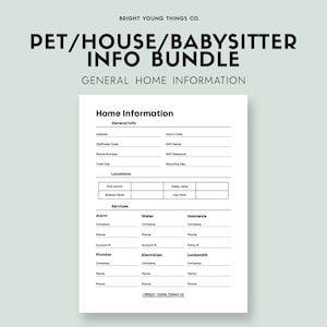 May include: A printable black and white form with the title "Home Information" and sections for general information, locations, and services. The form includes fields for address, alarm code, WiFi name, WiFi password, recycling day, first aid kit location, breaker panel location, water valve location, gas valve location, alarm company, water company, insurance company, plumber company, electrician company, and locksmith company.