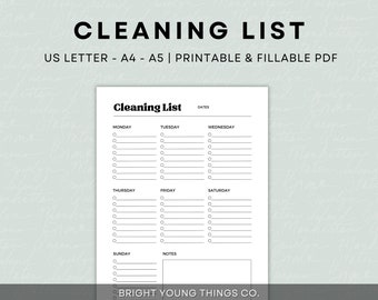 Cleaning List Printable Template, Home Cleaning Planner, Cleaning To Do List, Printable To Do List, Printable Cleaning List