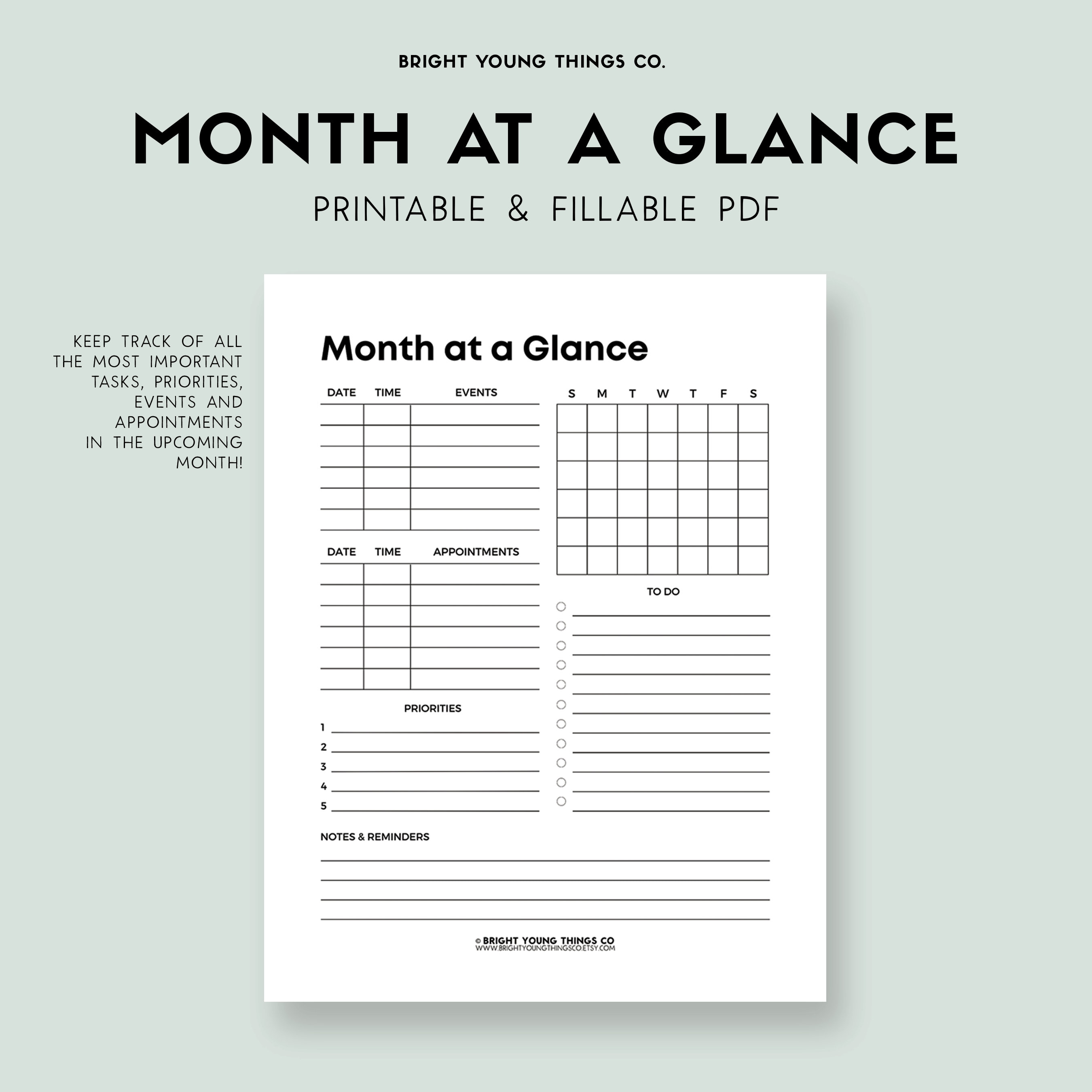 Month at a Glance, Printable Month Planner, Printable Monthly Calendar ...