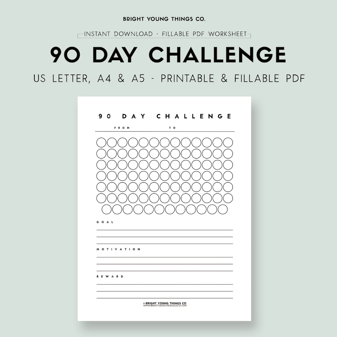 90 Day Challenge Printable PDF, 90 Day Challenge Fillable PDF Worksheet, Personal Development