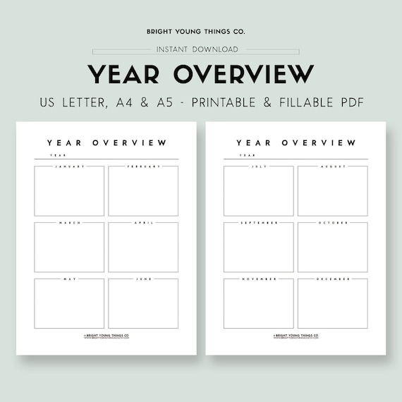 Annual Planner, Yearly Planner Printable, Undated Minimalist Planner, Year at a Glance, 12 Month Planner, Two Page Yearly Planner
