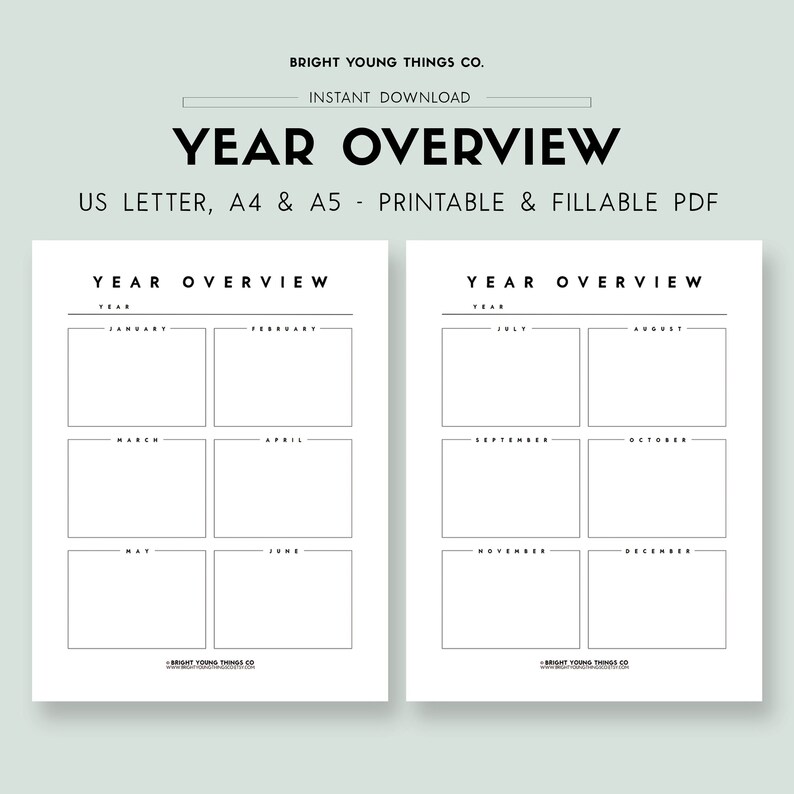 May include: Printable year overview planner with a black and white design. The planner is divided into 12 sections, one for each month of the year. The months are labeled with the standard English names for each month. The planner is designed to be printed on US Letter, A4, or A5 paper.