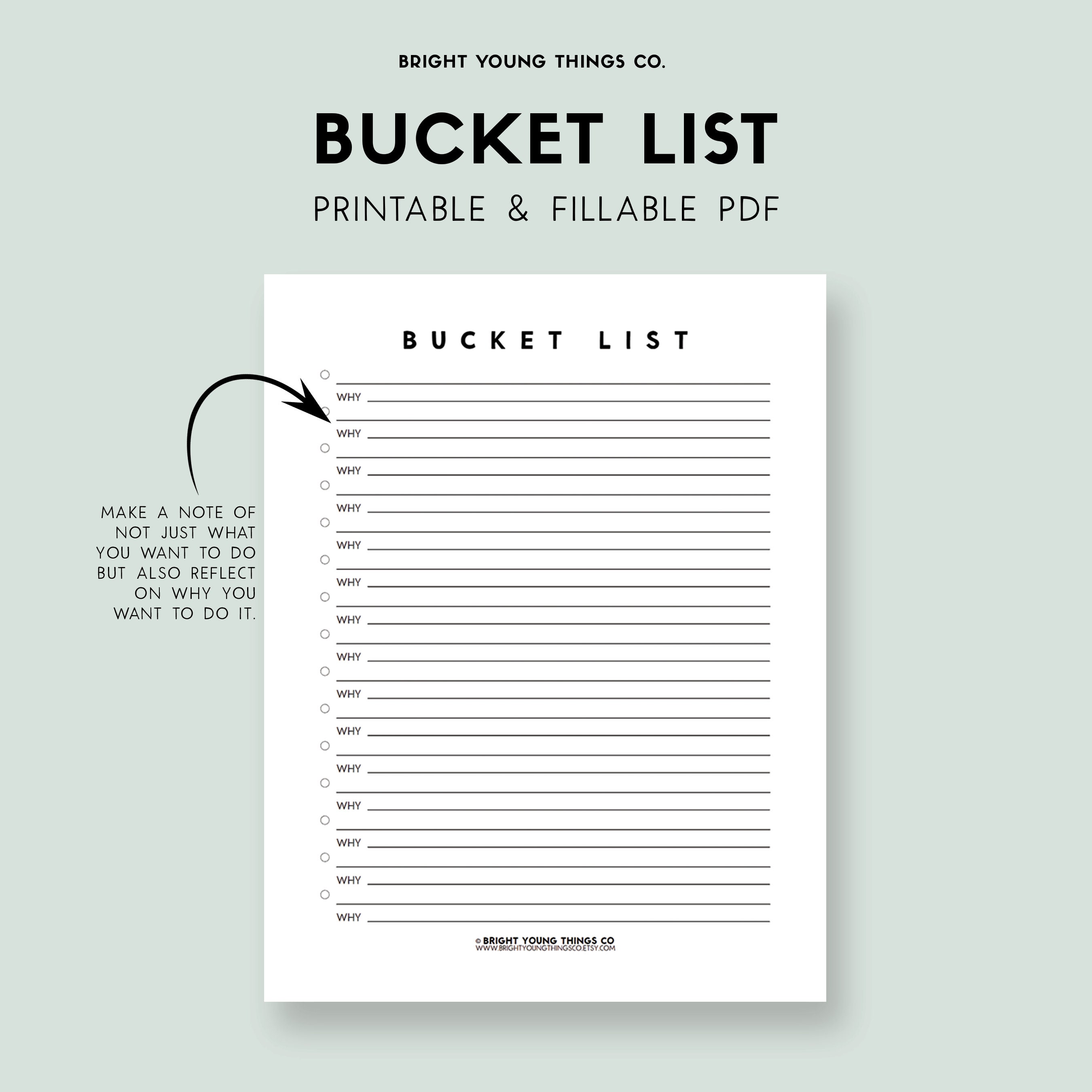 Bucket List Printable, Bucket List PDF, Bucket List Planner, Things to