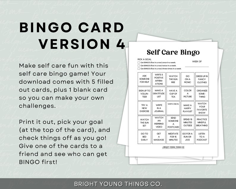 Pu&ograve; includere: Una scheda di bingo stampabile in bianco e nero con il titolo "Self Care Bingo". La scheda ha una griglia di 25 caselle con attivit&agrave; di cura di s&eacute; elencate in ogni casella, come "Chiedere aiuto a qualcuno", "Scrivere 5 affermazioni positive", "Guardare l'alba", "Fare un picnic", "Vestirsi con abiti eleganti", "Iscriversi come volontario", "Fare un elenco di gratitudine", "Bere una tazza di t&egrave;", "Colorare un disegno", "Organizzare qualcosa", "Provare un nuovo esercizio", "Scrivere su un diario", "Scrivere uno", "Creare una playlist allegra", "Guardare il tuo programma preferito", "Guardare il tramonto", "Guardare un video stimolante", "Inviare una cartolina a qualcuno", "Trascorrere 15 minuti all'aperto", "Praticare la respirazione consapevole", "Andare a letto presto", "Ricevere un massaggio", "Meditare per 15 minuti", "Andare a correre o fare jogging", "Ascoltare un podcast".