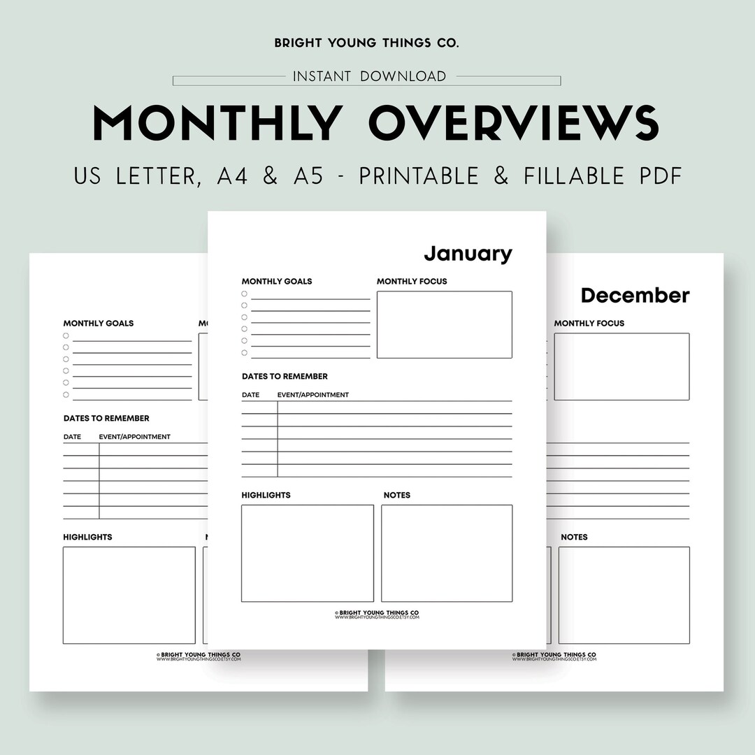 Monthly Overview, Printable Month Planner, Month at a Glance, Printable ...