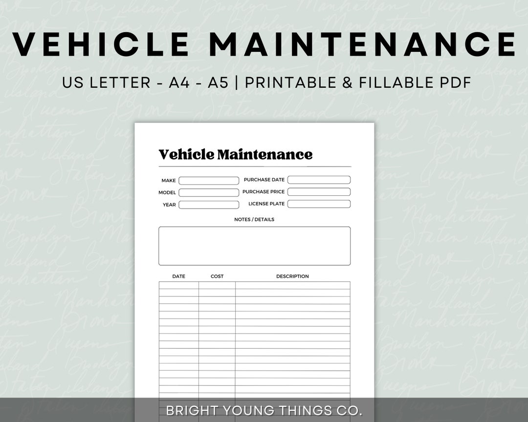 Vehicle Maintenance Tracker, Vehicle Maintenance Log Book Print