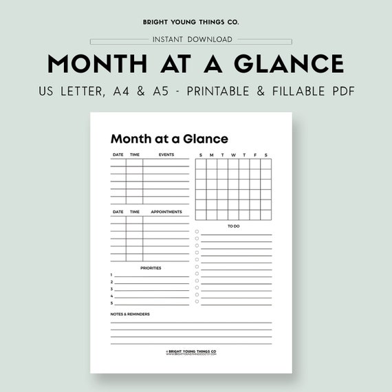 Month at a Glance, Printable Month Planner, Printable Monthly Calendar,  Printable Planner Pages, Planner Inserts A4 A5 Letter - Etsy