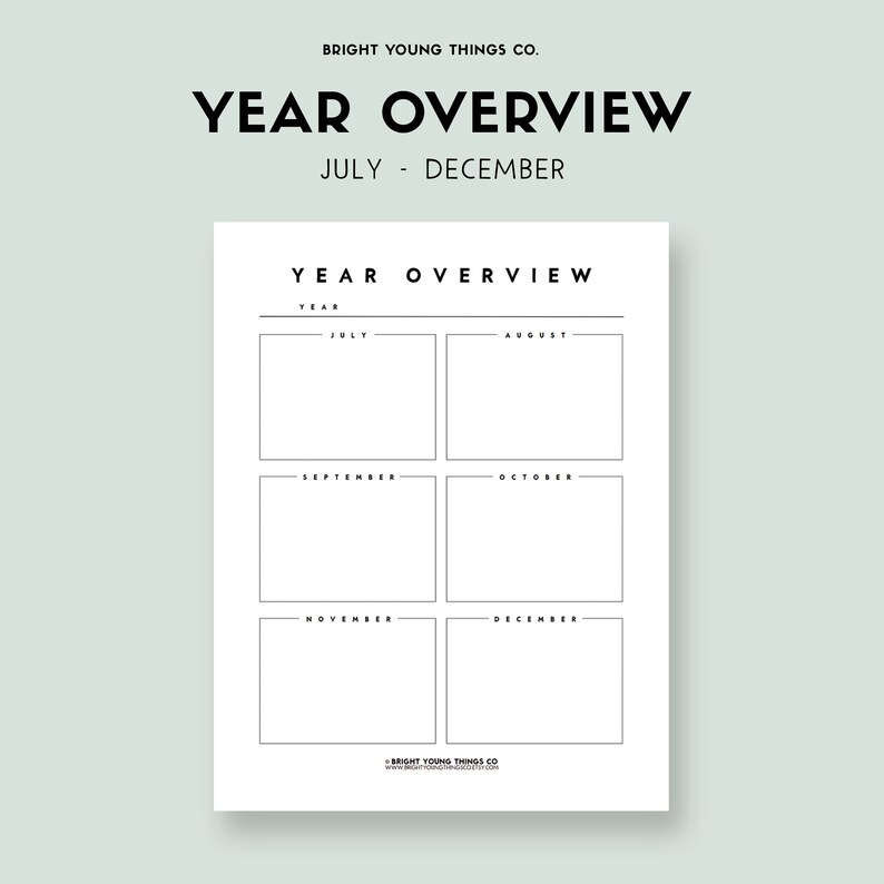 May include: A black and white printable planner page with the title "Year Overview" and the months July through December listed in boxes.