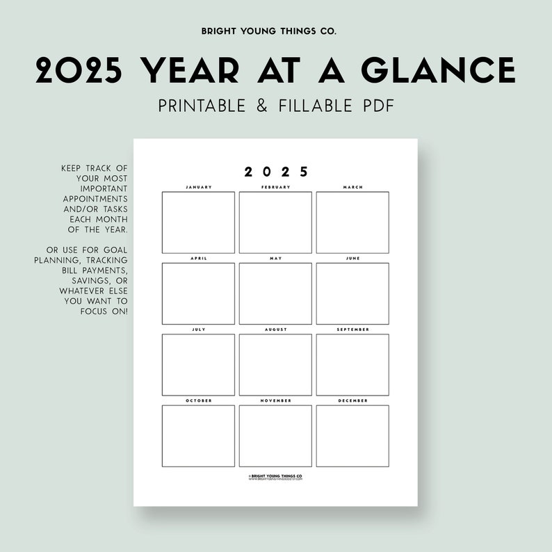 2025 Year At A Glance Printable 2025 Calendar Printable Etsy