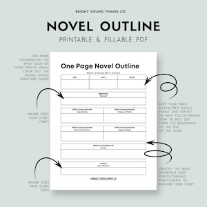 May include: A printable novel outline template with a black and white design. The template is divided into three sections: Act I, Act II, and Act III. Each section has a space for the main character's goals and turning points. The template also includes a space for the beginning, ending, and climax of the story. The text on the template reads "One Page Novel Outline", "Main Character's Goals", "Beginning", "Ending", "Keep your main character's goals front and center to help you determine how to best get from the beginning to the end of the story", "Identify the most important plot points/turning points/beats to anchor your story", "Where does your story start?", "Where does your story end?"