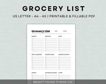 Grocery Shopping List, Grocery List Printable Template, Food Shopping List, Grocery Planner, Printable Grocery List, Grocery List PDF