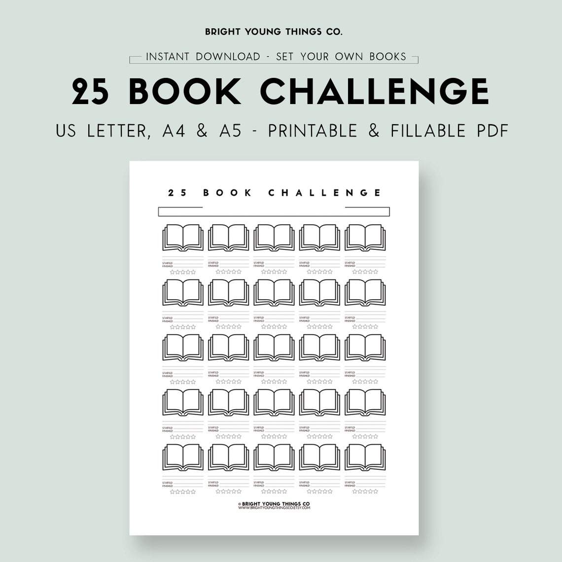 25 Book Challenge, PDF Book Challenge Download, Digital Downloads for Booklovers, Digital