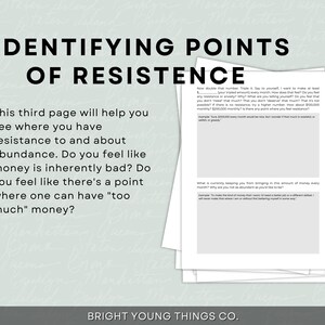 May include: A worksheet with the title "Identifying Points of Resistance" and text that asks questions about how much money is too much money. The worksheet is on a light green background with a white border.