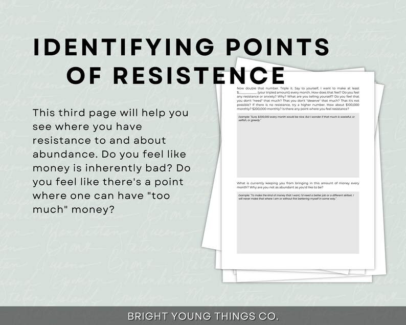 May include: A worksheet with the title "Identifying Points of Resistance" and text that asks questions about how much money is too much money. The worksheet is on a light green background with a white border.