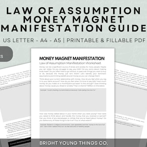 May include: A printable worksheet titled "Money Magnet Manifestation" with the subtitle "Law of Assumption Manifestation Worksheet". The worksheet is designed to help people identify and change their limiting beliefs about money. The worksheet includes questions about how money was talked about in the home, how money was handled, and how money is viewed in society.
