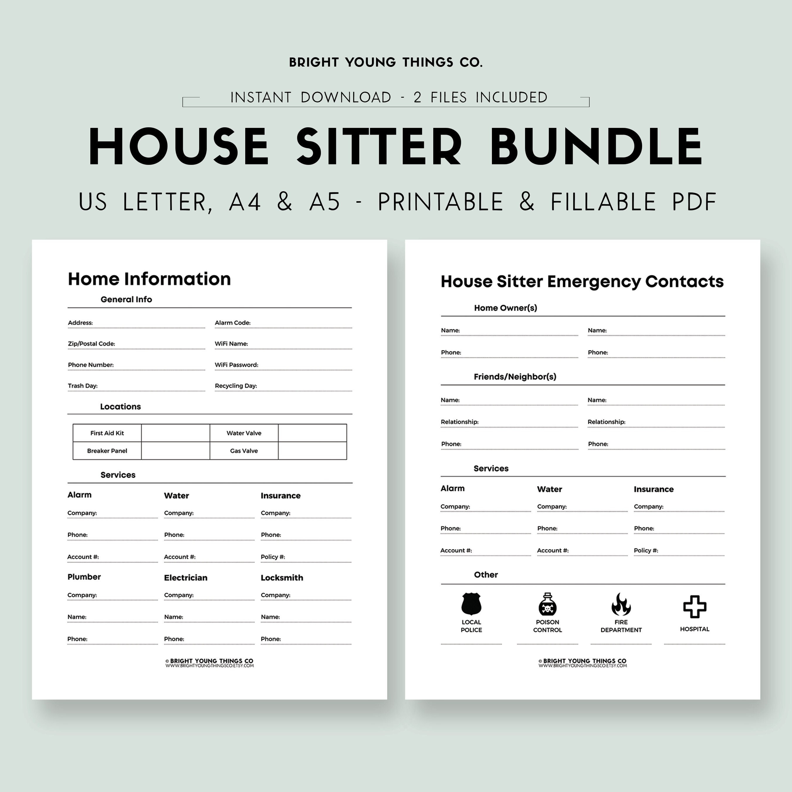 House Sitter Guide Printable Bundle, House Sitter Instructions, House Sitter Notes, Emergency Contact Form, Printable Emergency Contact Info