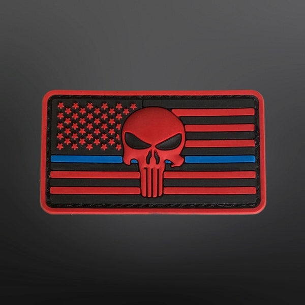 Punisher Thin Blue Line Red American Flag PVC Patch 3.5” L x 2” H