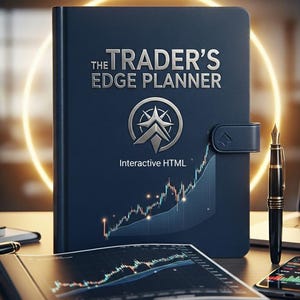 May include: A navy blue planner titled "The Trader's Edge Planner" with silver lettering and a logo. The planner features a graph illustration and the text "Interactive HTML." A laptop, pen, and smartphone with a graph are also visible.