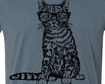Camiseta de gato con gafas - Unisex - Camiseta para hombre - Camiseta para novio - Camiseta para novia - Camiseta geek - Loca por los gatos - Regalo para amantes de los gatos
