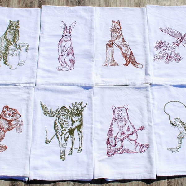 Flour Sack Tea Towel Set of 8 - Forest Animal Towels - Screen Printed - Whimsical Animals - Funny - Linens - Woodland Kitchen Decor