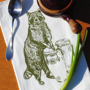 Flour Sack Tea Towel - Screen Printed Raccoon - Cotton Animal Tea Towels - Woodland Theme - Olive Green Towels - Forest Animal Print Towels