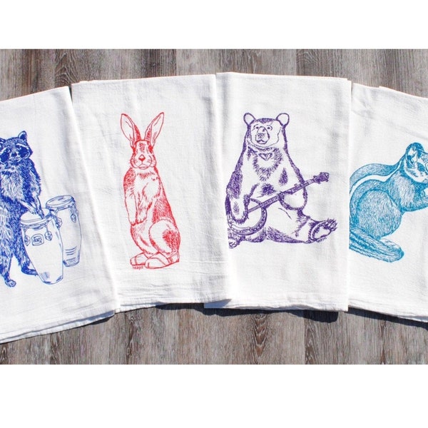 Flour Sack Tea Towels - Set of 4 - Screen Printed Cotton - Animal Tea Towels - Wedding Shower Christmas Holiday Gifts - Forest Animal Towels