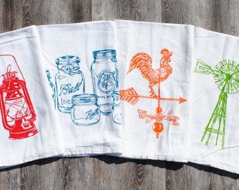 Paños de cocina - Juego de 4 - Paños de harina serigrafiados - Veleta de gallo, molino de viento, tarros de cristal, farol de aceite - Casa de campo rústica