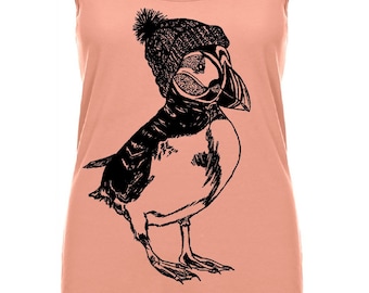 Puffin in Hat Tank Top - Cute Puffin Shirt - Puffin - Toque - Winter Animal Shirt - Ladies Tank Top - Womens Graphic Shirt - Hand Drawn