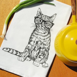 Cat Flour Sack Tea Towel - 100% Cotton Kitchen Towel - Screen Printed Dish Towel - Black Kitten - Cat Towel - Animal Towel - Flour Sack