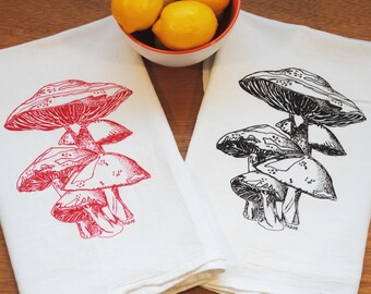 Mushroom Cotton Tea Towel Set - Screen Printed - Flour Sack Cotton Towel - Red and Dark Brown - Wedding Shower Gift - Retro Kitchen Decor