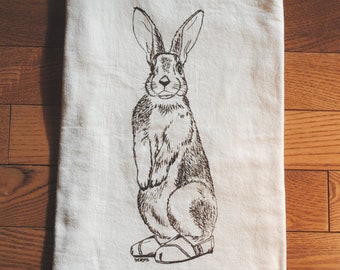 Flour Sack Tea Towel - Screen Printed Cotton Flour Sack Towel - Brown Rabbit Tea Towel - House Warming Gift - Wedding Gift - Forest Animals