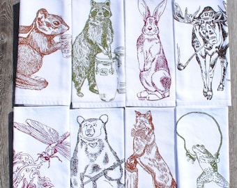 Wildlife Cotton Napkins - Multi Color Screen Printed Napkin Set of 8 - Whimsical Wildlife Animals - Wilderness Table Accessories - Woodland