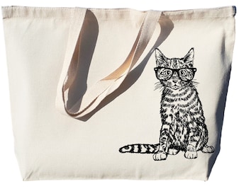 Canvas Shopping Tote Bag Cat with Big Eyes Pets Animals Vintage Hairy Dog Beach Bags for Women