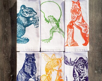 Kitchen Napkins - Screen Printed Cotton Napkins Set of 6 - Forest Animal Napkins - Funny Animals - Woodland Decor - Cottage Decor - Cottage