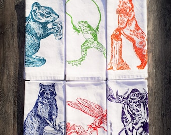 Cloth Napkins Set of 6 - Screen Printed Cotton Cloth Napkins - Washable and Reusable Eco Friendly - Funny Wilderness Designs - Woodland Home
