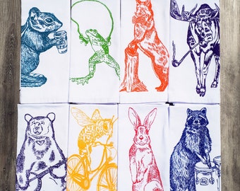 Conjunto de 8 guardanapos de pano - Guardanapos de animais serigrafados multicoloridos - Guardanapos de pano para crianças - Guardanapos de jantar - Guardanapos infantis - Decoração de floresta