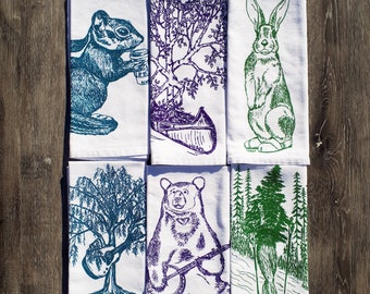 Cloth Dinner Napkins - Screen Printed Cotton Cloth Napkins Set of Six - Washable and Reusable Eco Friendly - Funny Wilderness Designs