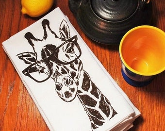 Servilletas de mesa - Servilletas ecológicas de algodón serigrafiadas con una jirafa marrón oscuro - Hechas a mano, lavables y reutilizables - Regalo - Decoración retro