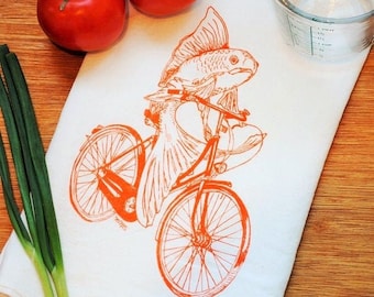 Kitchen Towel - Flour Sack Towel Screen Printed Cotton - Eco Friendly Handmade Tea Towel - Orange Fish on a Bicycle - Hand Towel Dish Towel