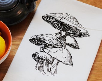 Mushroom Flour Sack Towel - Screen Printed - Cotton Tea Towel - Wedding Gift - Unique - Dark Chocolate Brown Mushroom - Dish Cup Towel