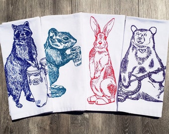 Table Napkins - Screen Printed Cotton - Raccoon Rabbit Bear Chipmunk - Hand Printed Washable Reusable - Wedding or Christmas Gift - Woodland