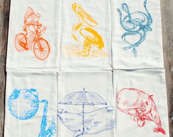 Flour Sack Tea Towel Set of 6 - Nautical Sea Creature Theme - Screen Printed Cotton - Unique Gift Idea - Makes A Unique Wedding Gift