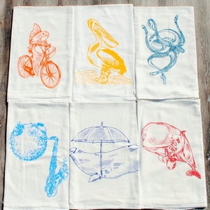 Flour Sack Tea Towel Set of 6 - Nautical Sea Creature Theme - Screen Printed Cotton - Unique Gift Idea - Makes A Unique Wedding Gift
