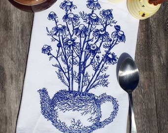 Tea Towel - 100% Cotton Flour Sack Kitchen Towel - Kitchen Dish Towel - Printed Towels Blue Chamomile Plant Tea Pot - Gardener Gift - Teapot