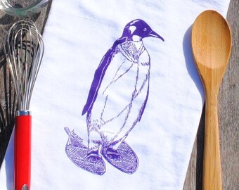 Winter Dish Towel - Screen Printed Flour Sack Tea Towel - Purple Pengiun Kitchen Towel - Arctic Animals - Christmas Gift - Christmas Linens