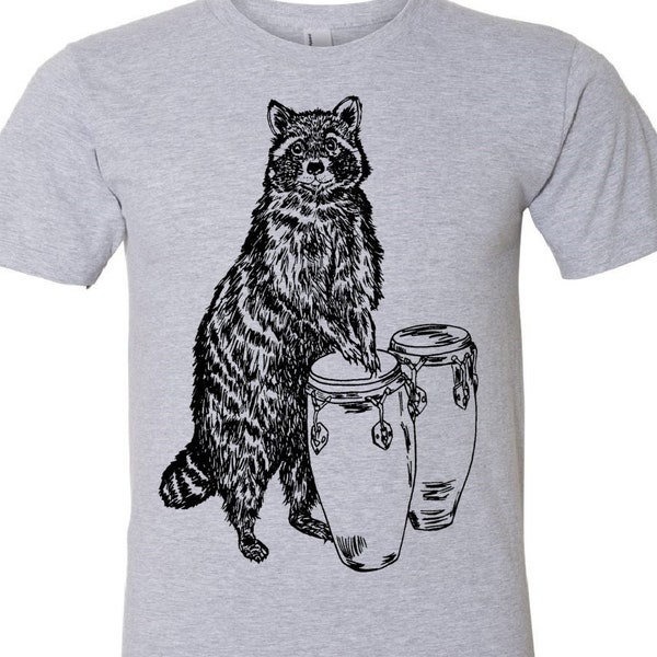 Raccoon Playing Conga Drums T Shirt - Unisex - Mens Tshirt - Musician Gift - Drummer Gift - Drums - Garage Band - Music Lover - Musician