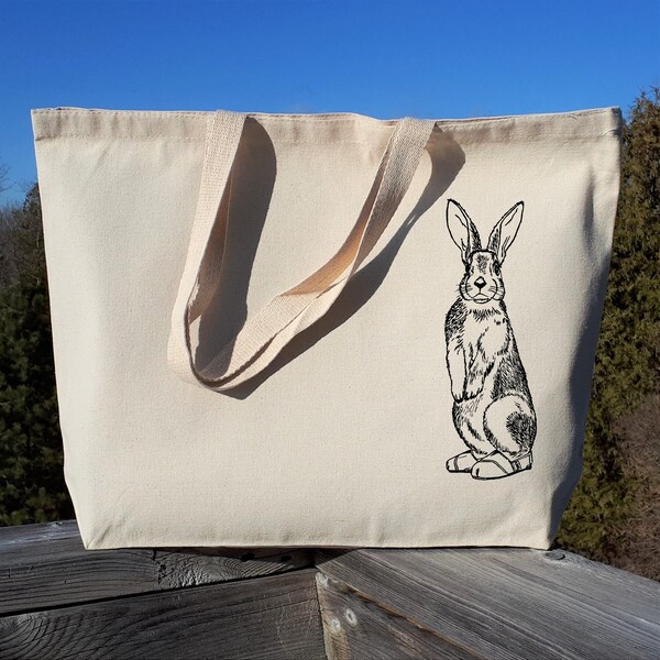 Oversized Canvas Tote Bag - Screen Printed Bag - Rabbit Tote Bag - Reusable Tote Bag - Reusable Grocery Bag - Shopping Bag - Bunny Print