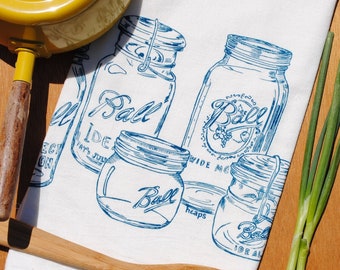 Mason Jars Tea Towel - Screen Printed Dish Towel - Flour Sack Towel - Cotton Kitchen Towels - Teal Towels - Farmhouse Kitchen - Rustic Decor