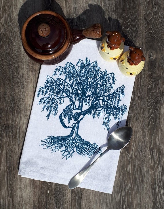 Kitchen Dish Towel - Screen Printed - Cotton Flour Sack Towel - Hand Tea Towel - Guitar Gift - Funny Gifts - Willow Tree Playing Guitar